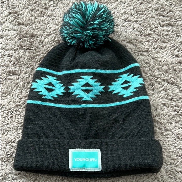 YoungLife Grey and Teal Winter Pompom Hat - Picture 1 of 4
